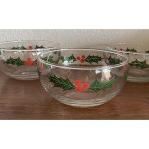3 Vintage Christmas Glass Bowls Libbey Canada Holly Berry Dip Condiment Cereal